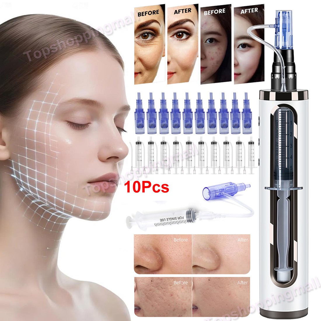 Facial Skin Lifting Mesotherapy Gun with 10Pcs 24Pin Replacement Cartridges Tip