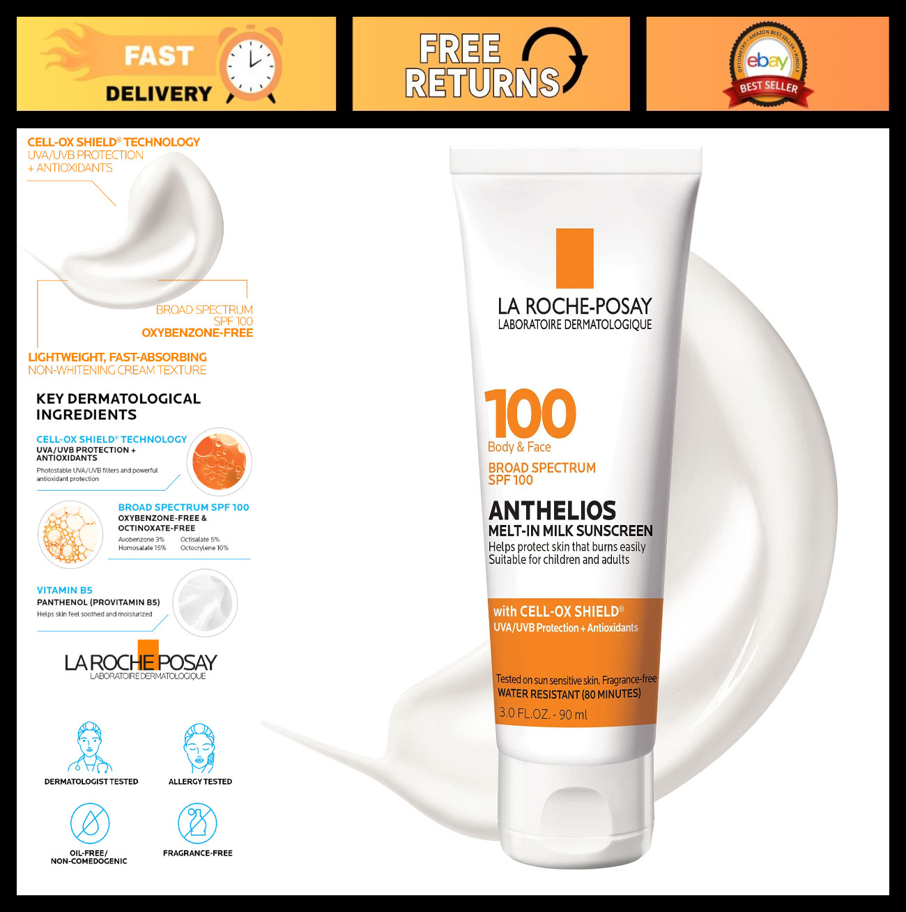 Melt-In Milk Sunscreen SPF 100 for Body & Face, Broad Spectrum, Oil Free, Antiox