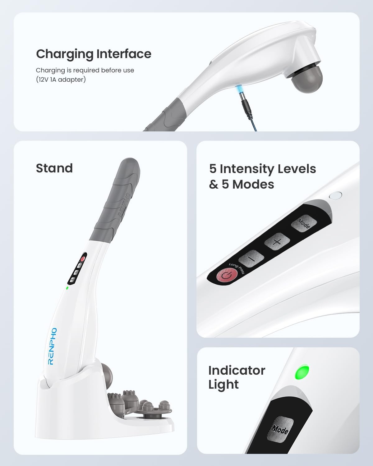 Rechargeable Handheld Back Massager – 5 Speeds & Modes, Cordless Neck & Muscle R