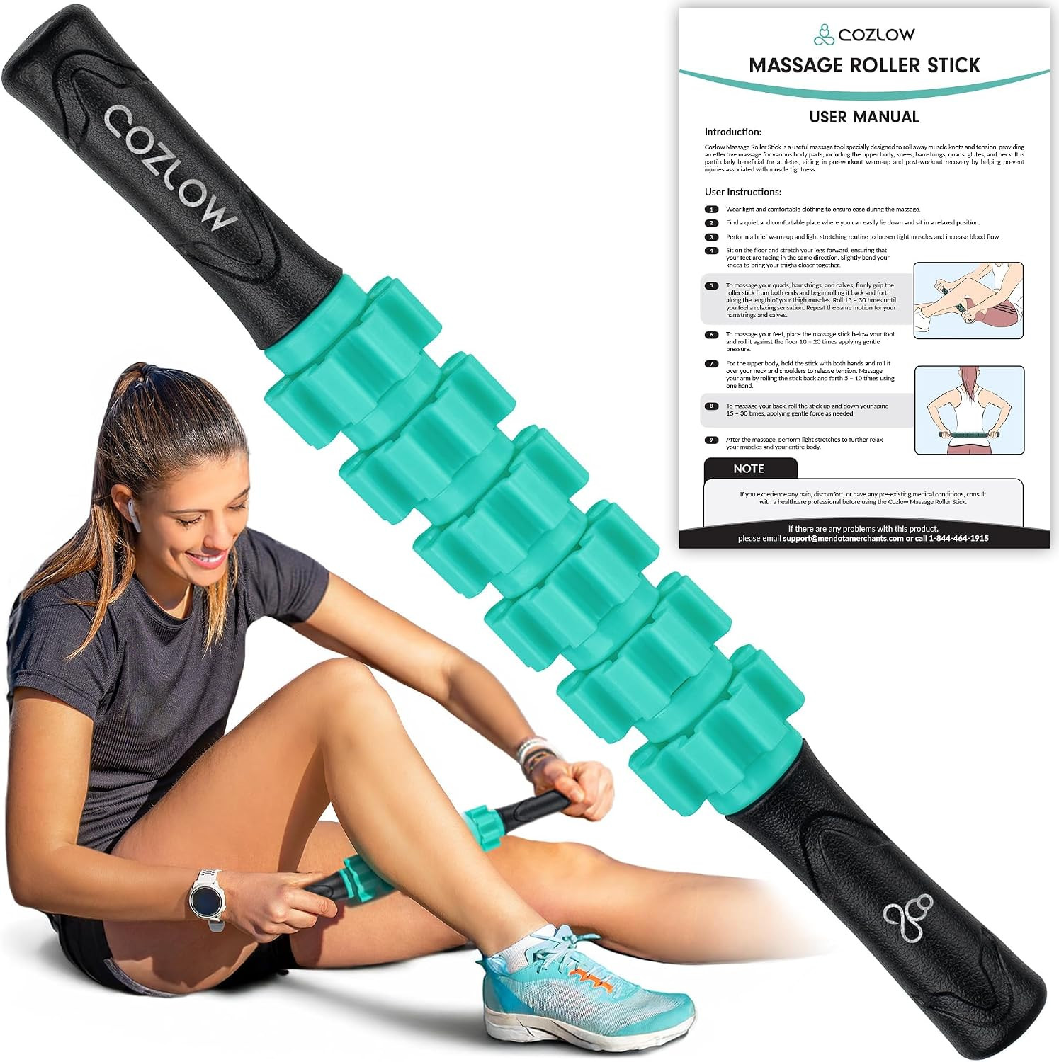 Muscle Roller Stick – Green – Hand Held Body Massager with 9 Rollers & Non-Slip