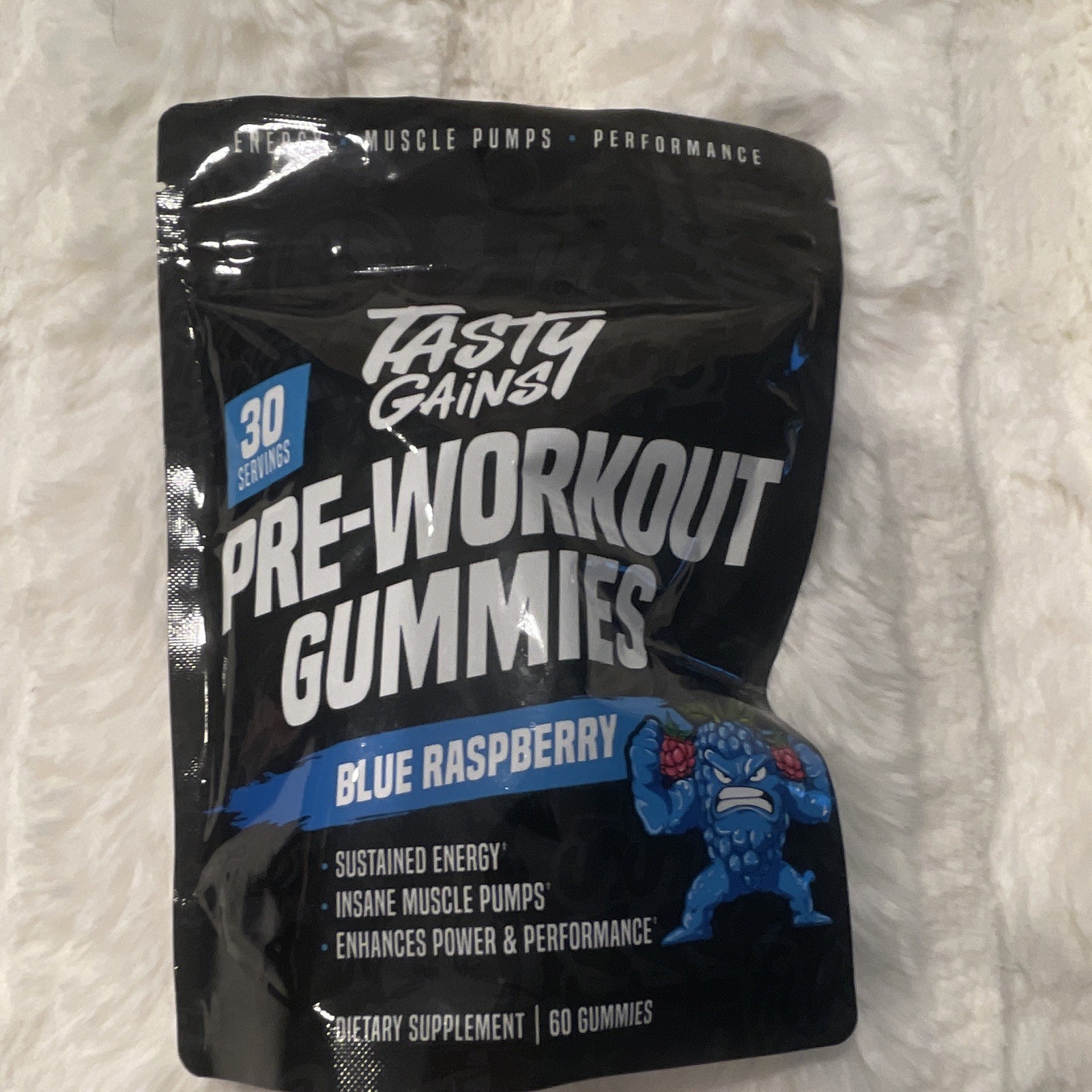 Tasty Gains Pre-Workout Gummies Blue Raspberry 60ct/30 Servings Vegan GF