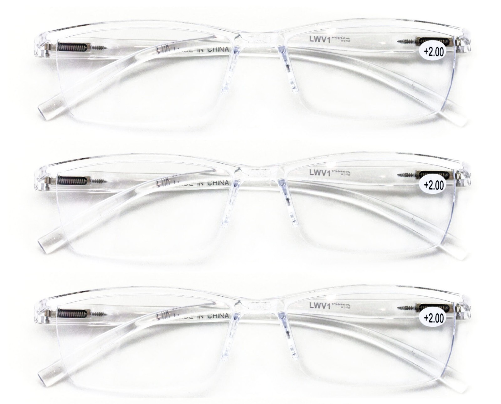 3 Pairs Lightweight Transparent Clear Lens Rectangular Readers with Spring Hinge