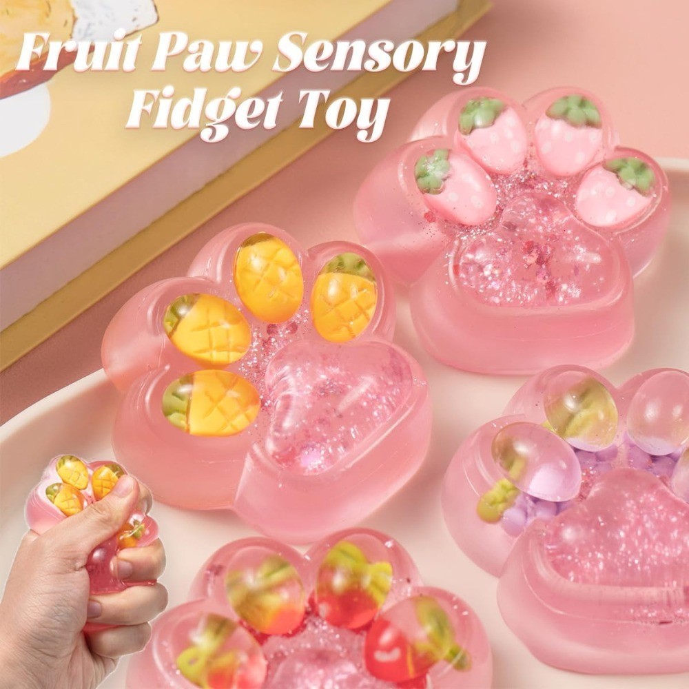 4Pcs Handmade Clear Taba Cat Paw Squeeze Toys, 2.75in Fruit Cat Paw Squishy