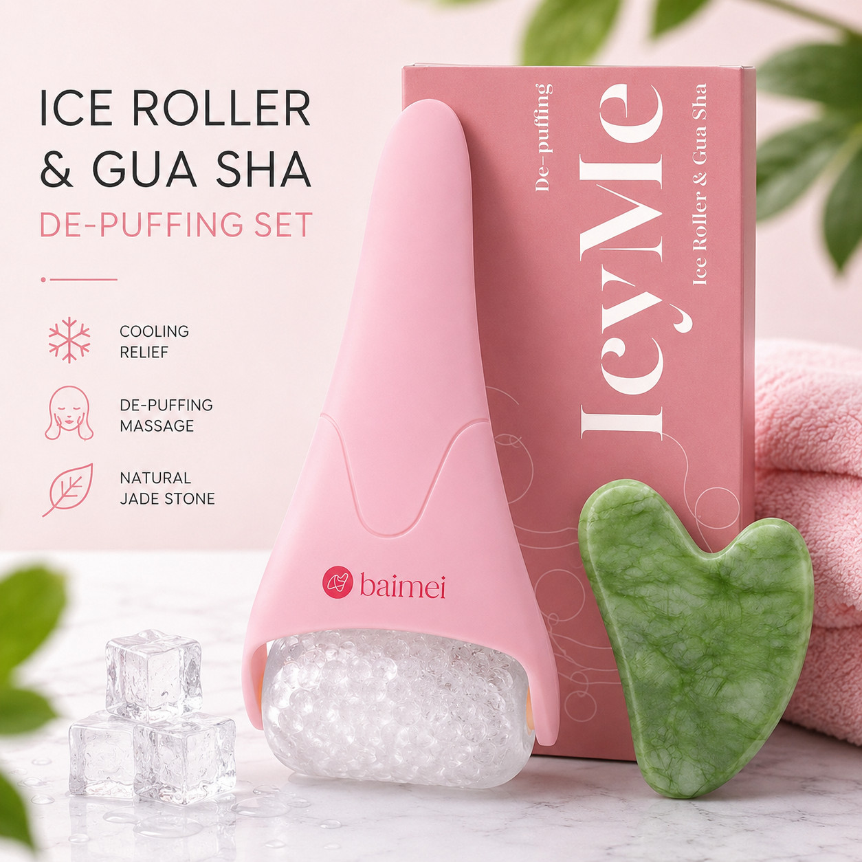 BAIMEI Ice Face Roller with Gua Sha | Facial Massage Tool | Pink Skincare Set