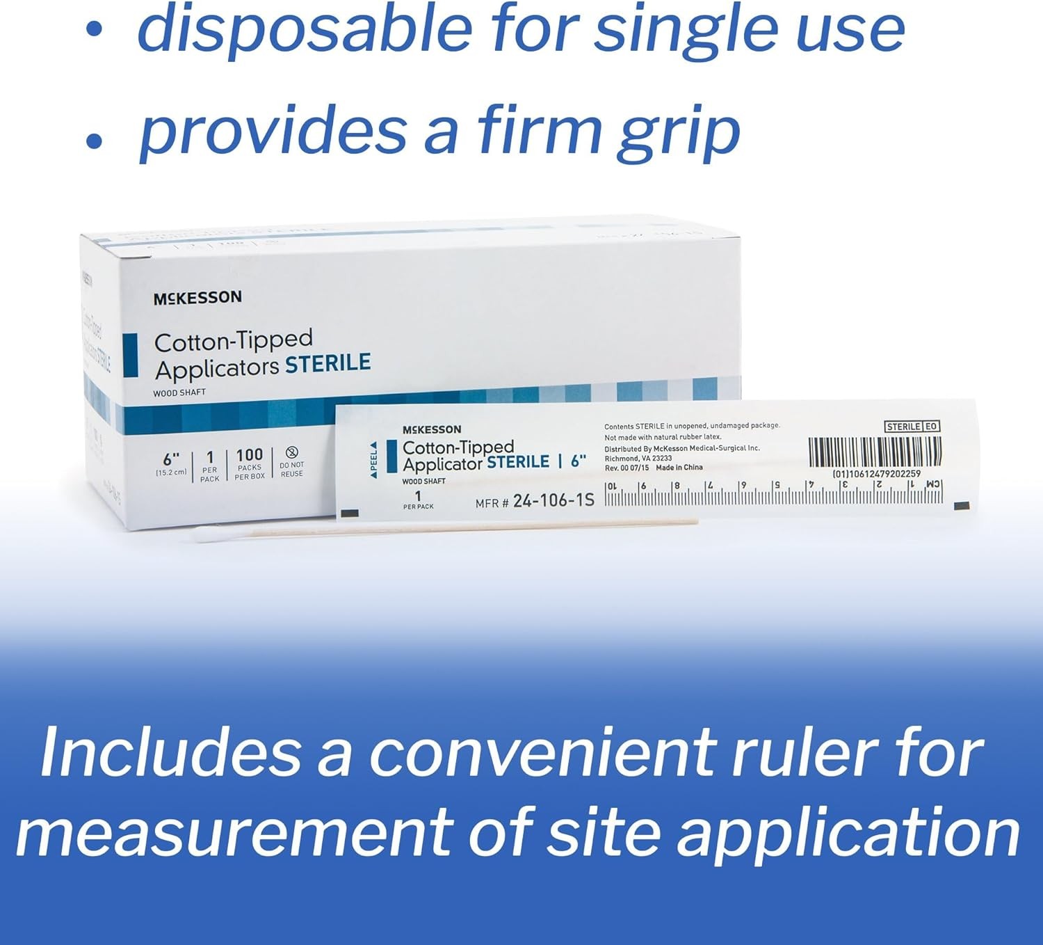 McKesson Cotton Tipped Applicator, 6 in [100 Count] Long Sterile Medical Swabs,
