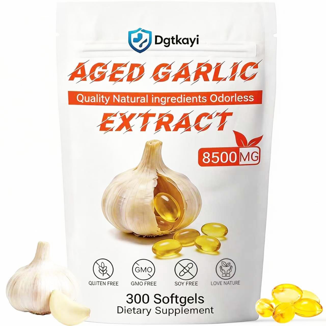 Odorless Aged Garlic Extract 8500mg – 300 Softgels, 2 Year Aged Organic Garlic S