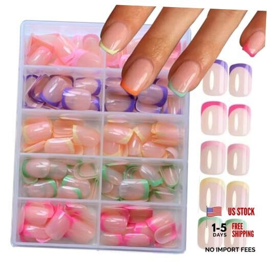 240Pcs French Tip Press On Nails Square Short Color French Tip Short Square