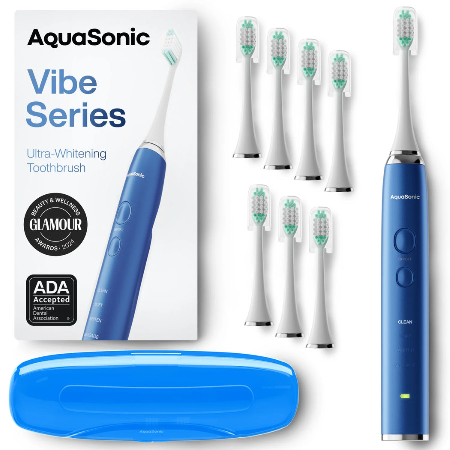 Aquasonic Vibe Series Sonic Whitening Toothbrush w/ 8 Brush Heads, Sapphire Blue