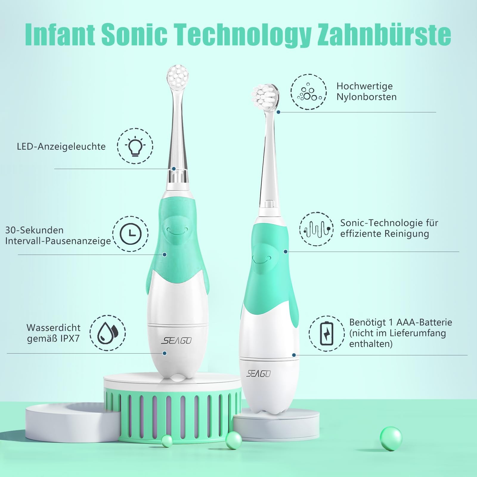 SEAGO Baby Toothbrush Age 0-2-3 Years Old 1 Count (Pack of 1), Green