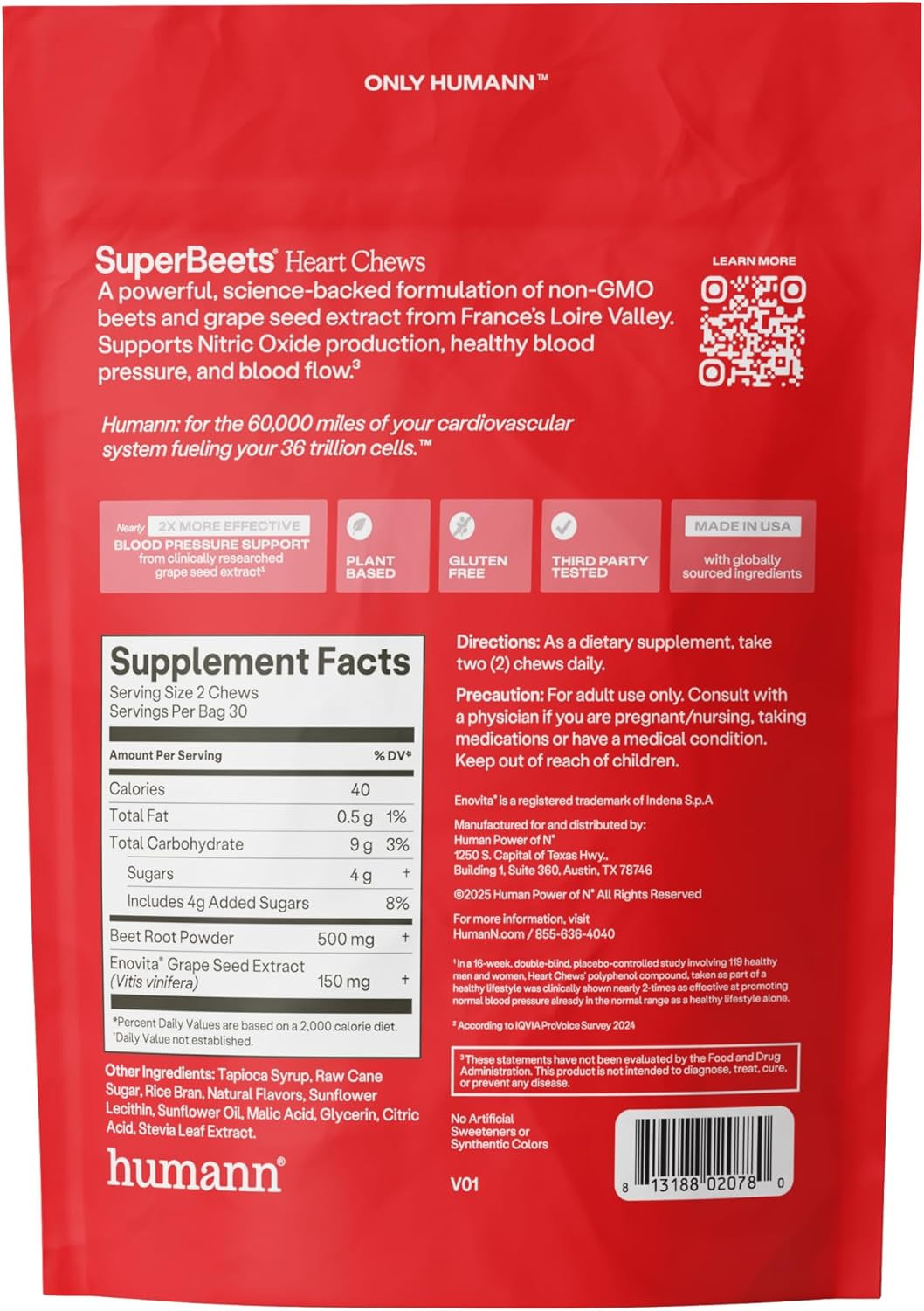 Humann Superbeets Heart Chews, Beet Root Powder Support Energy Supplement, Nitri