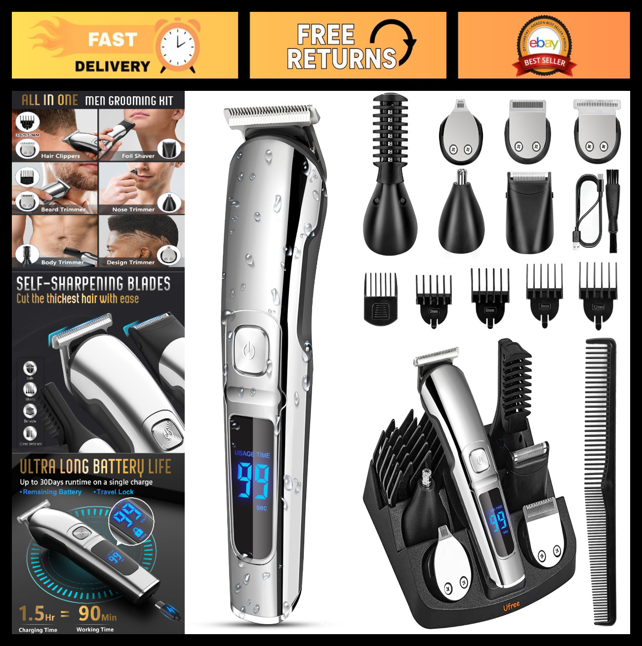 Waterproof Electric Beard Trimmer & Grooming Kit for Men – Cordless Hair Clipper