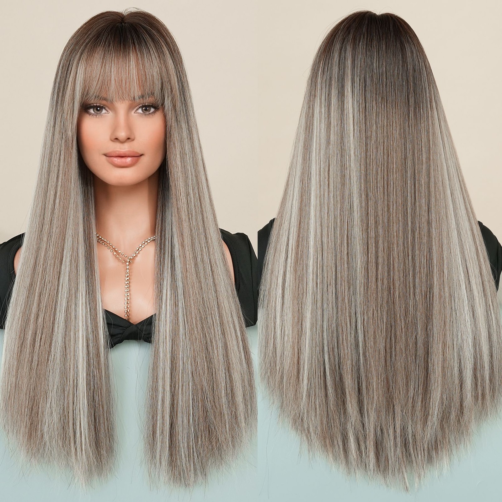 Flax Brown Highlight Long Straight Synthetic Full Wig for European Women