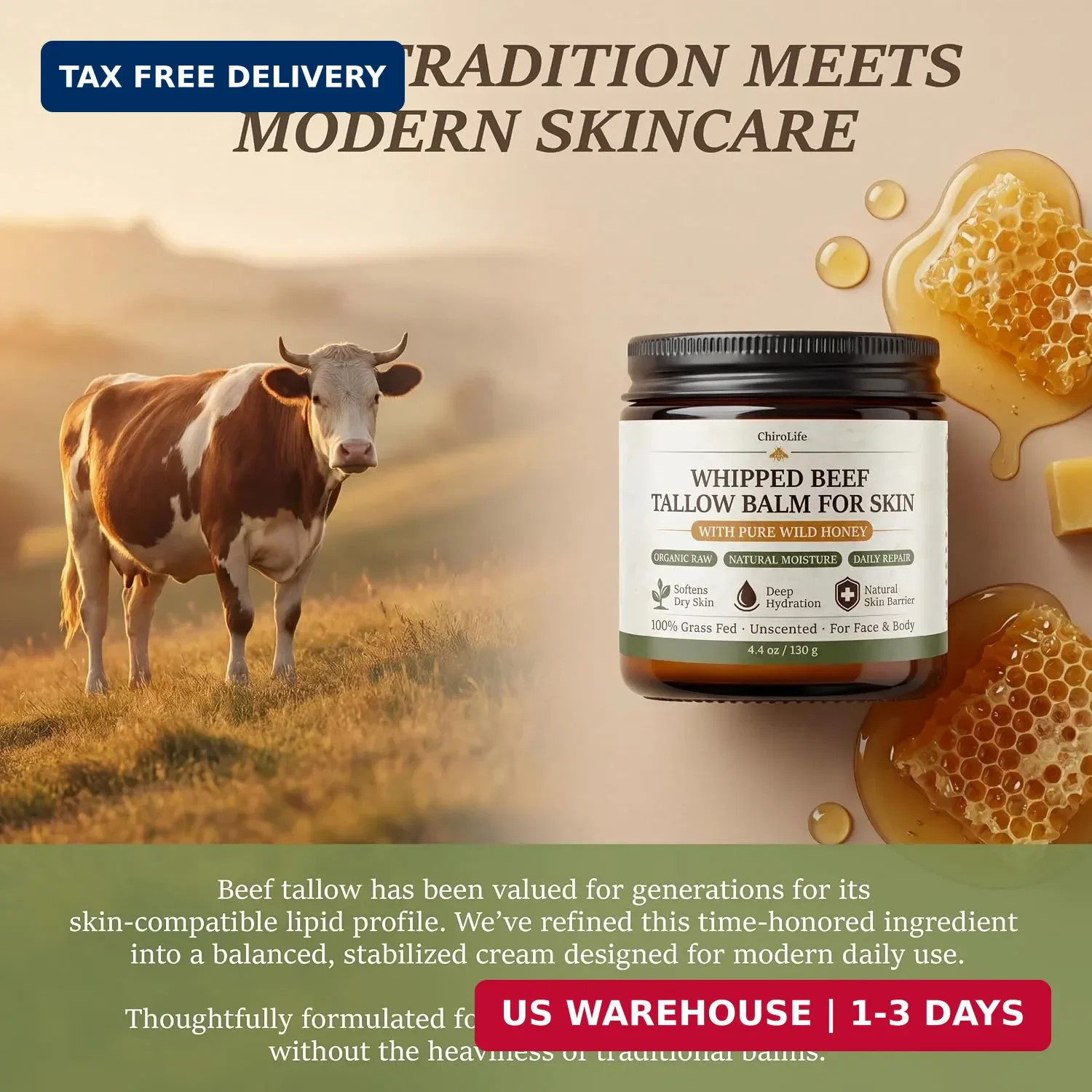 Grass-Fed Beef Tallow for Skin, Whipped Tallow and Honey Balm for Face and Body,