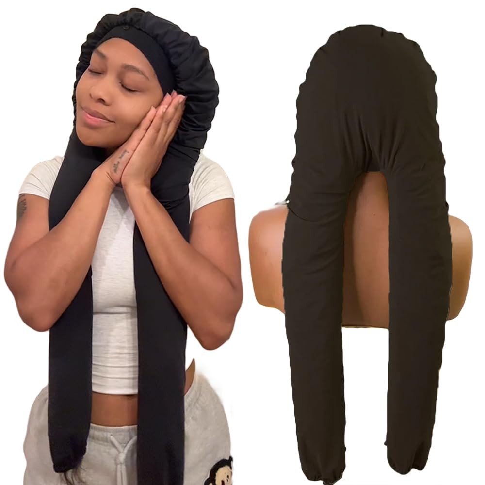 Hair Bonnet for Women Sleeping, Long Silk Bonnets One Size, Black