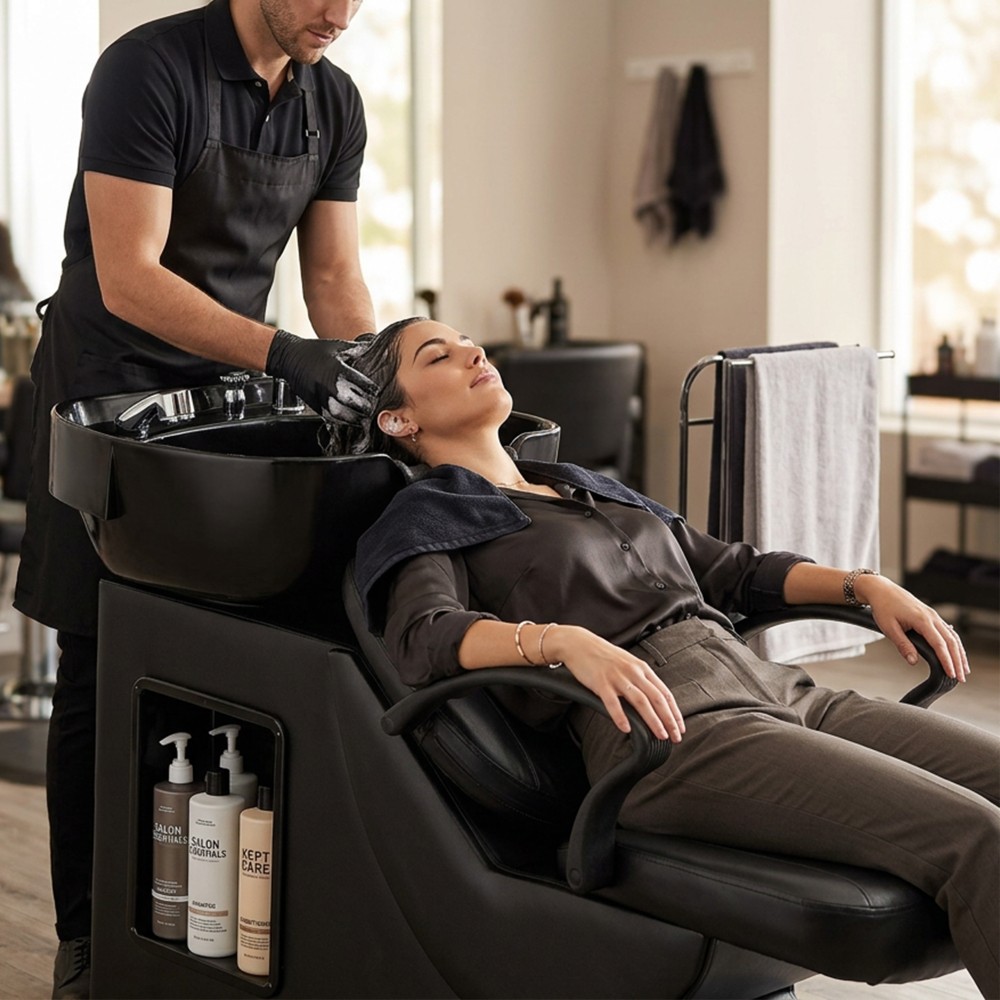 Salon Shampoo Bowl and Chair Set ABS Sink PU Leather Black