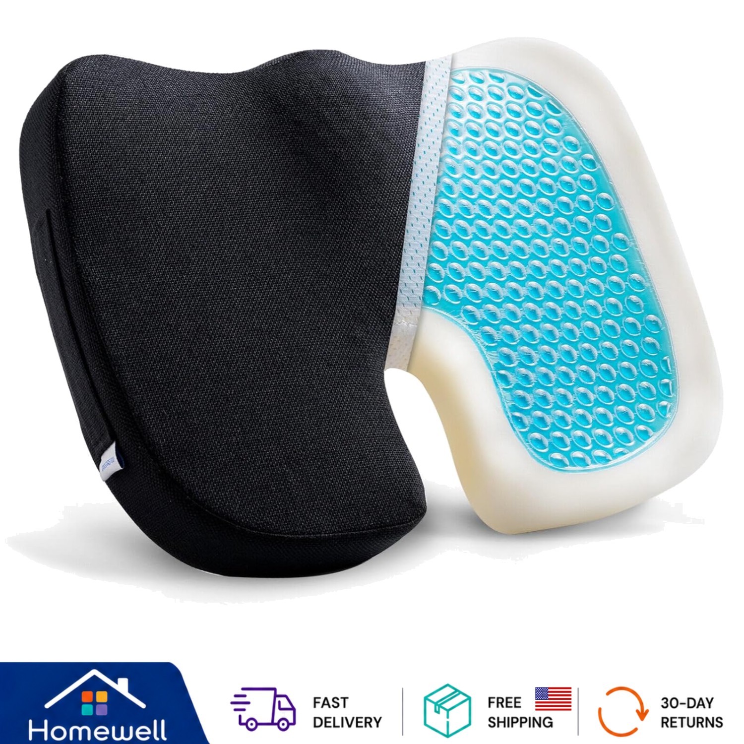 Large H-Shape Cooling Gel Seat Cushion for Long Sitting – Machine Washable Cover
