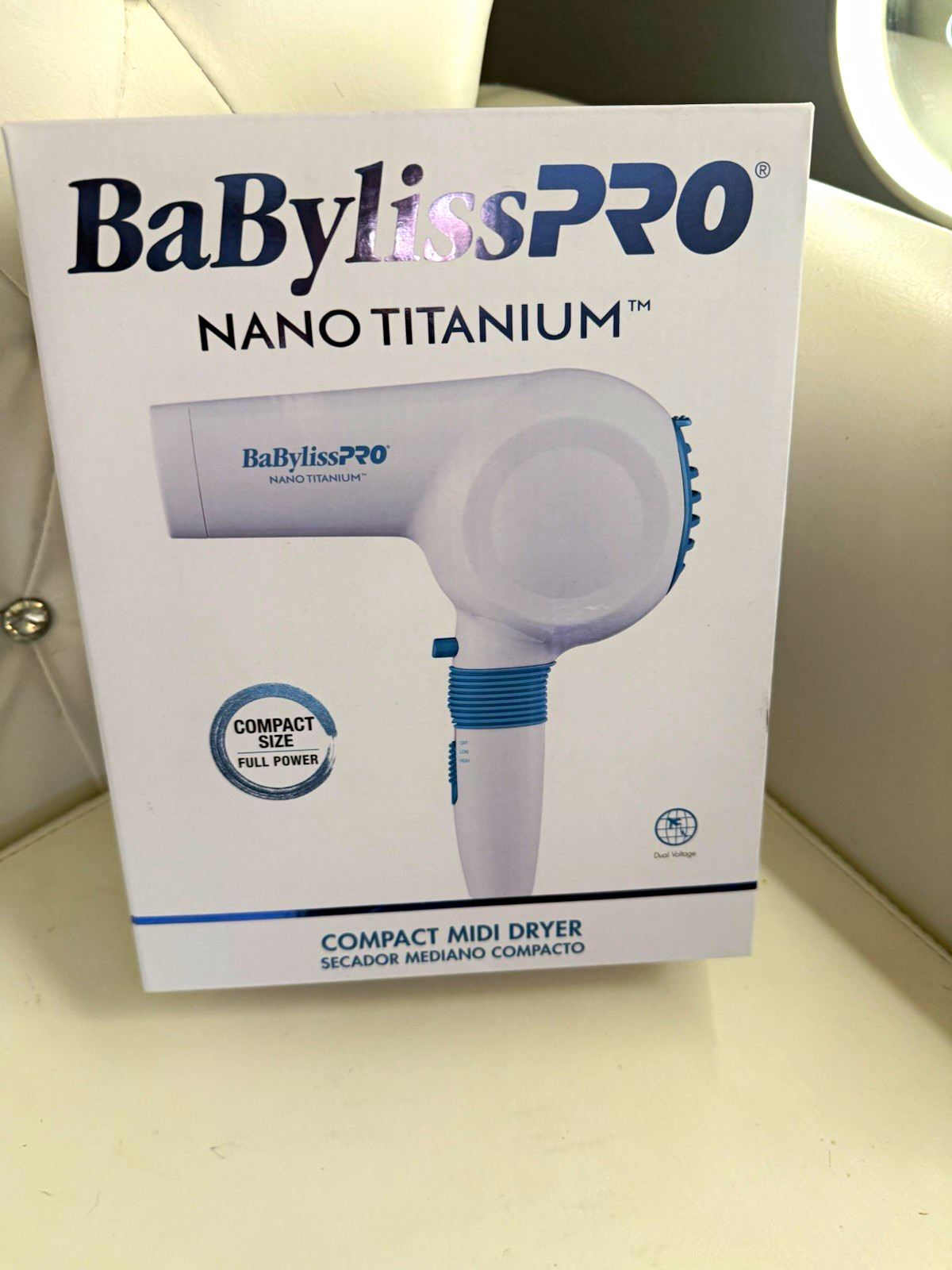 BaBylissPRO Nano Titanium Compact Hair Dryer Dual Voltage w/ Diffuser White/Blue