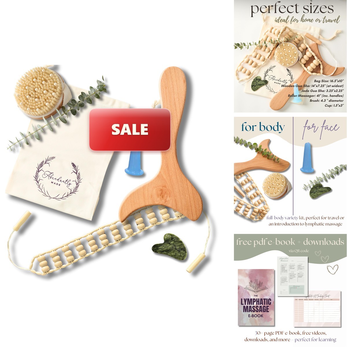 Abundantly Made 7-Piece Massage Kit – Dry Brush, Paddle, Roller, Gua Sha, Cup