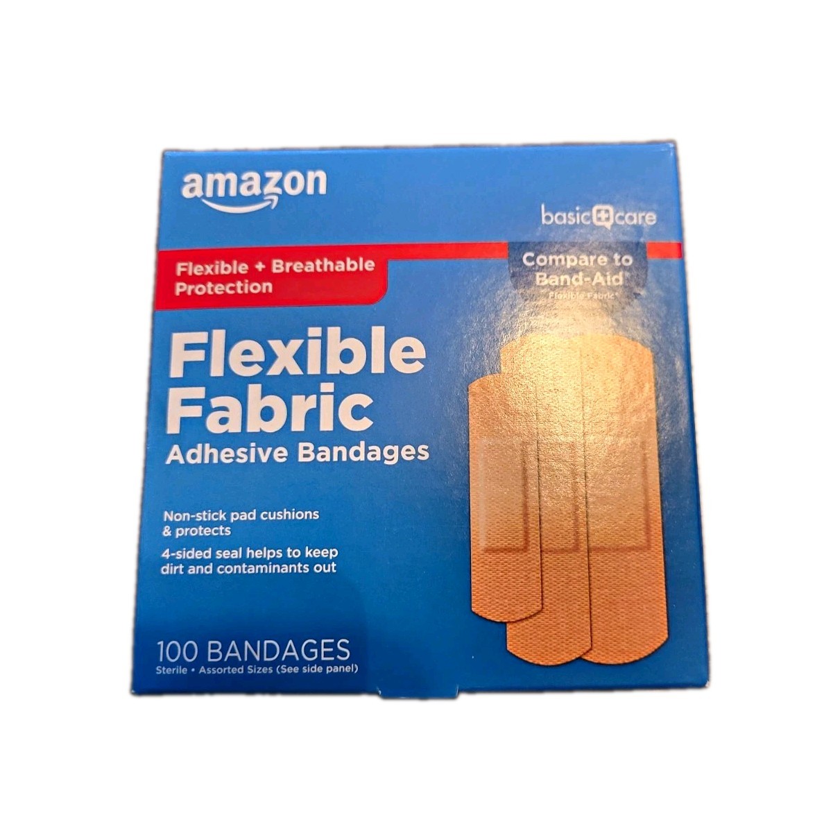 Amazon Basic Care Fabric Adhesive Bandages Breathable Sterile 1×3 Beige 100