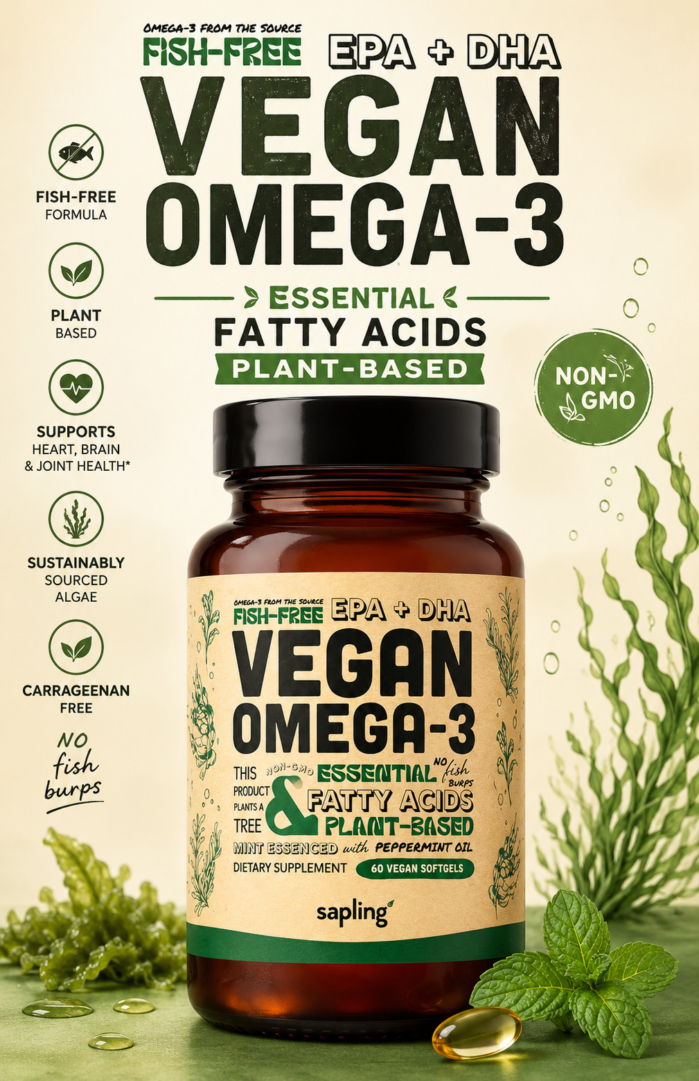 Vegan Omega 3 DHA EPA from Algae, Fish Oil Alternative, Heart Support 60 Ct Plus