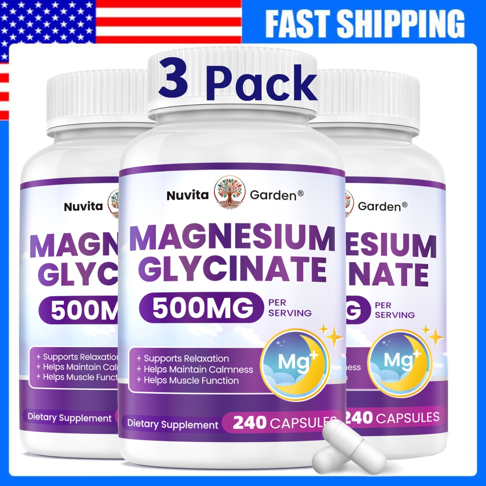 3 Pack Magnesium Glycinate 500mg – 720 Capsules | 3 Years Supply | Made in USA