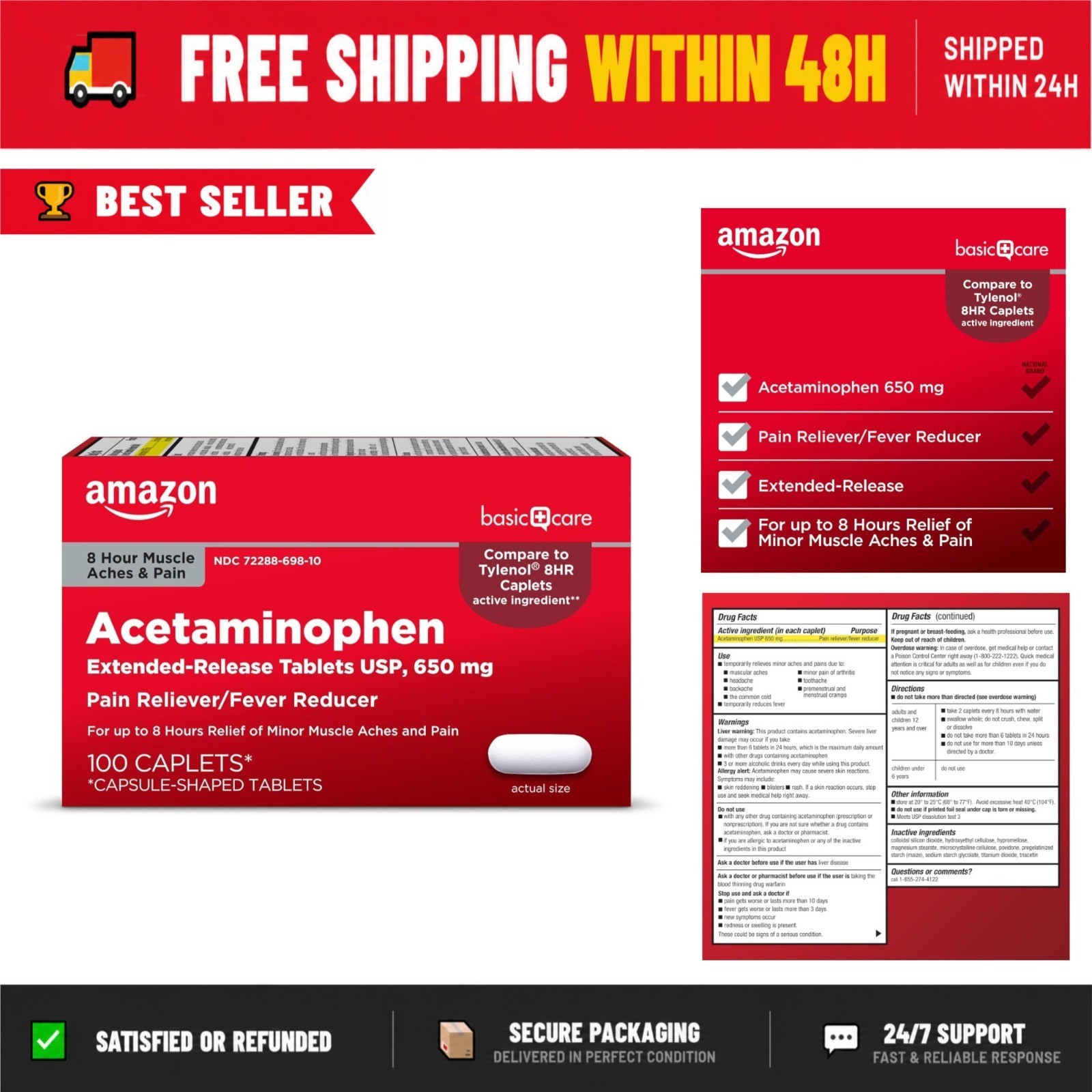 Amazon Basic Care Acetaminophen 650 mg Tablets – Pain Reliever, 100 Count