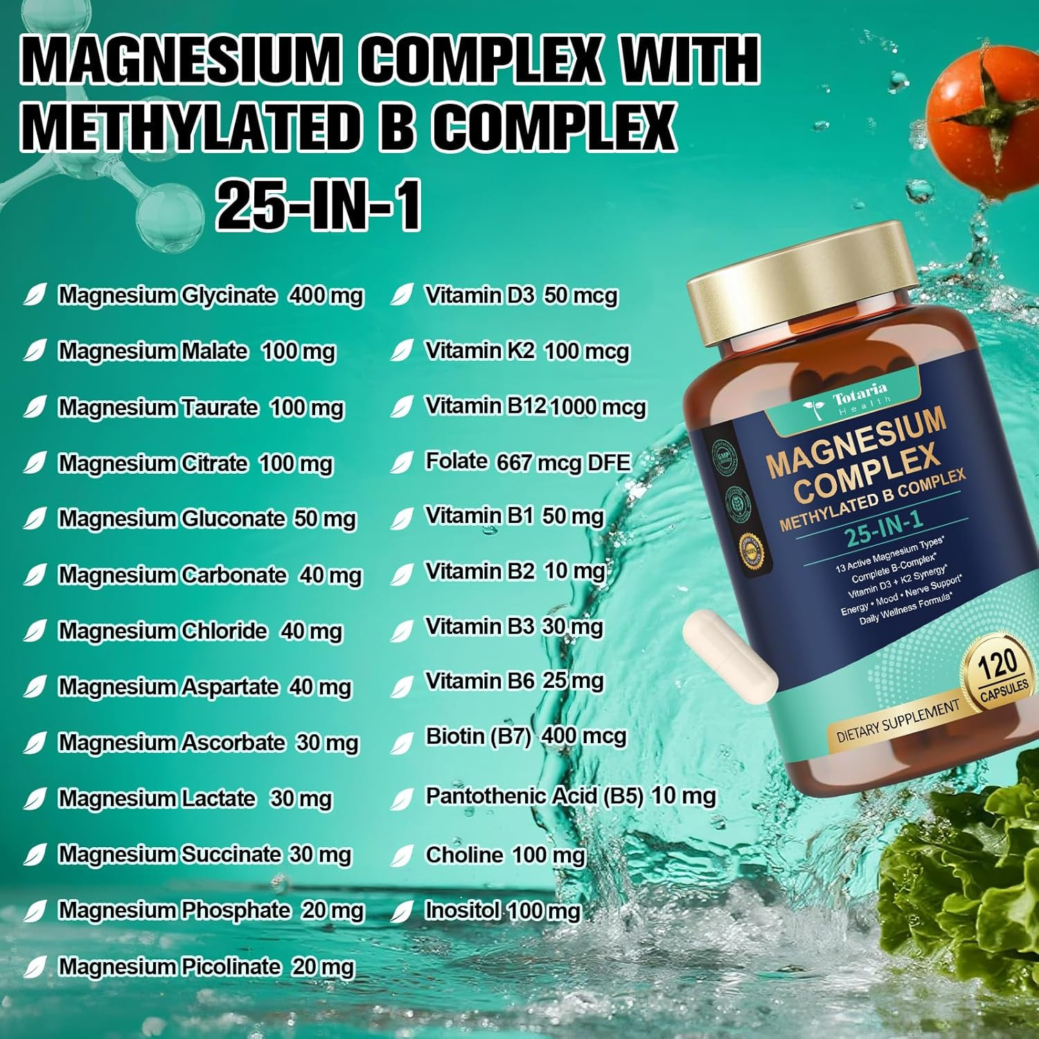 25-in-1 Magnesium Complex with Methylated B Complex Magnesium Glycinate Citrate