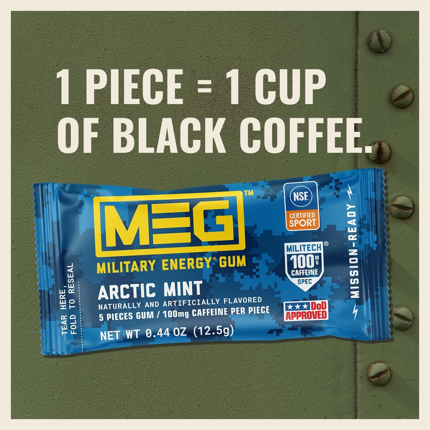 MEG – Military Energy Gum | 100mg of Caffeine Per 5 Count (Pack 4), Arctic