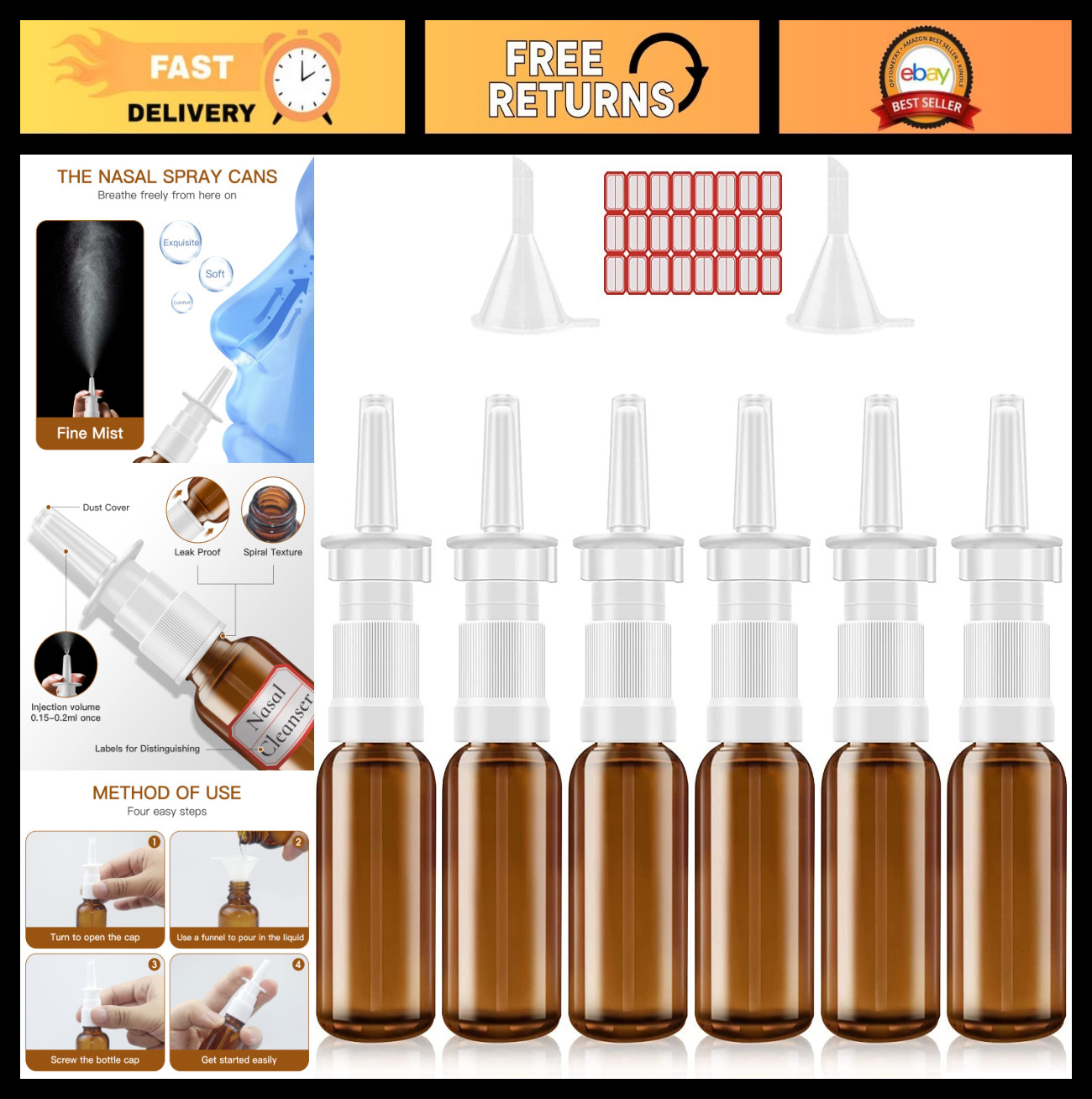6 Pcs 30ML Glass Amber Nasal Spray Bottles, Refillable Fine Mist Atomizers & Fun