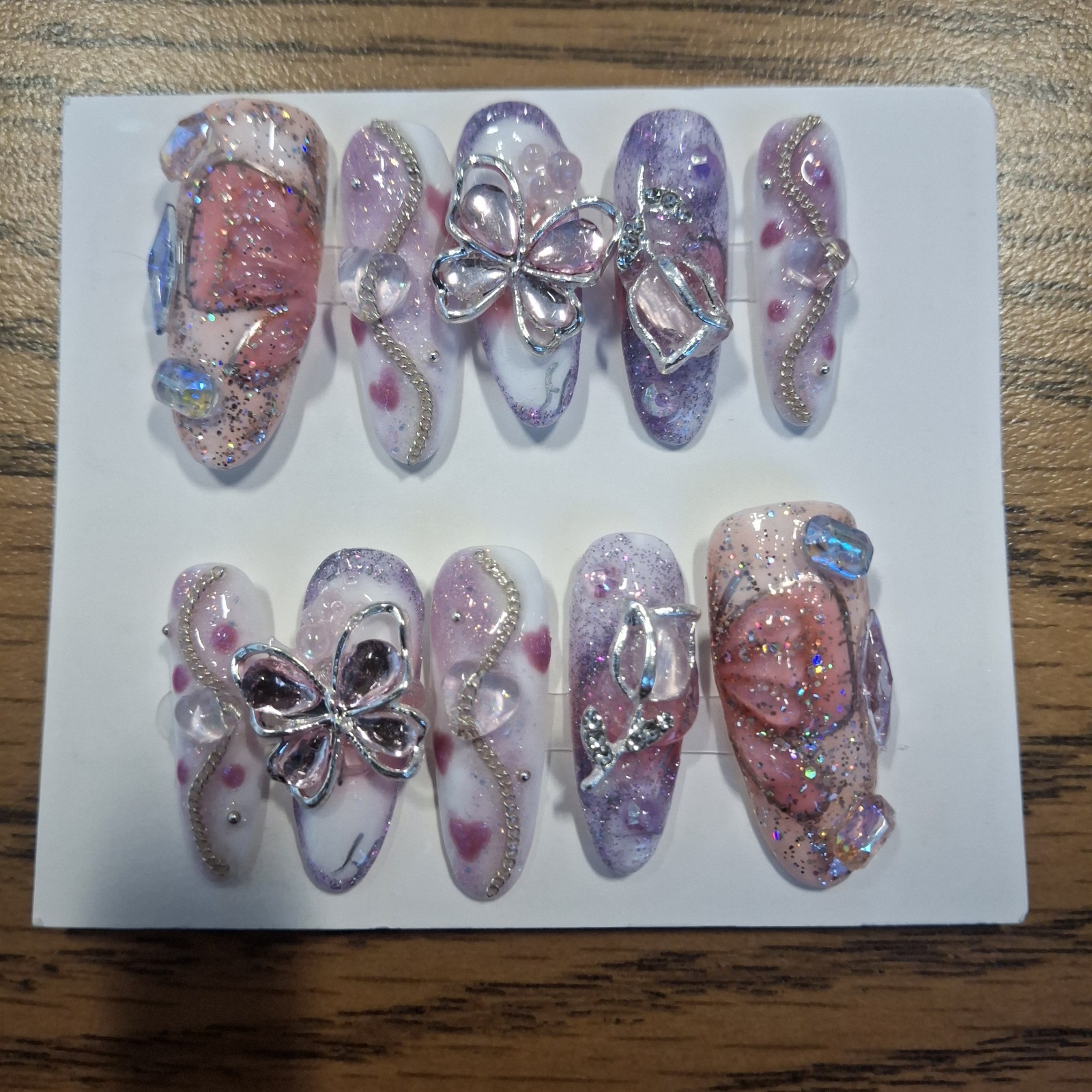 Handmade Custom Medium Press On Butterfly Nails – 3D Charms Pink Purple Silver