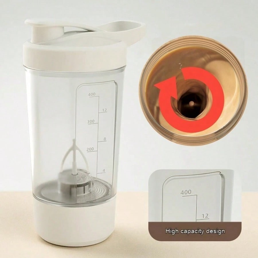 Electric Protein Shaker Bottle With USB Charging, Clear Glass With White Lid, 40