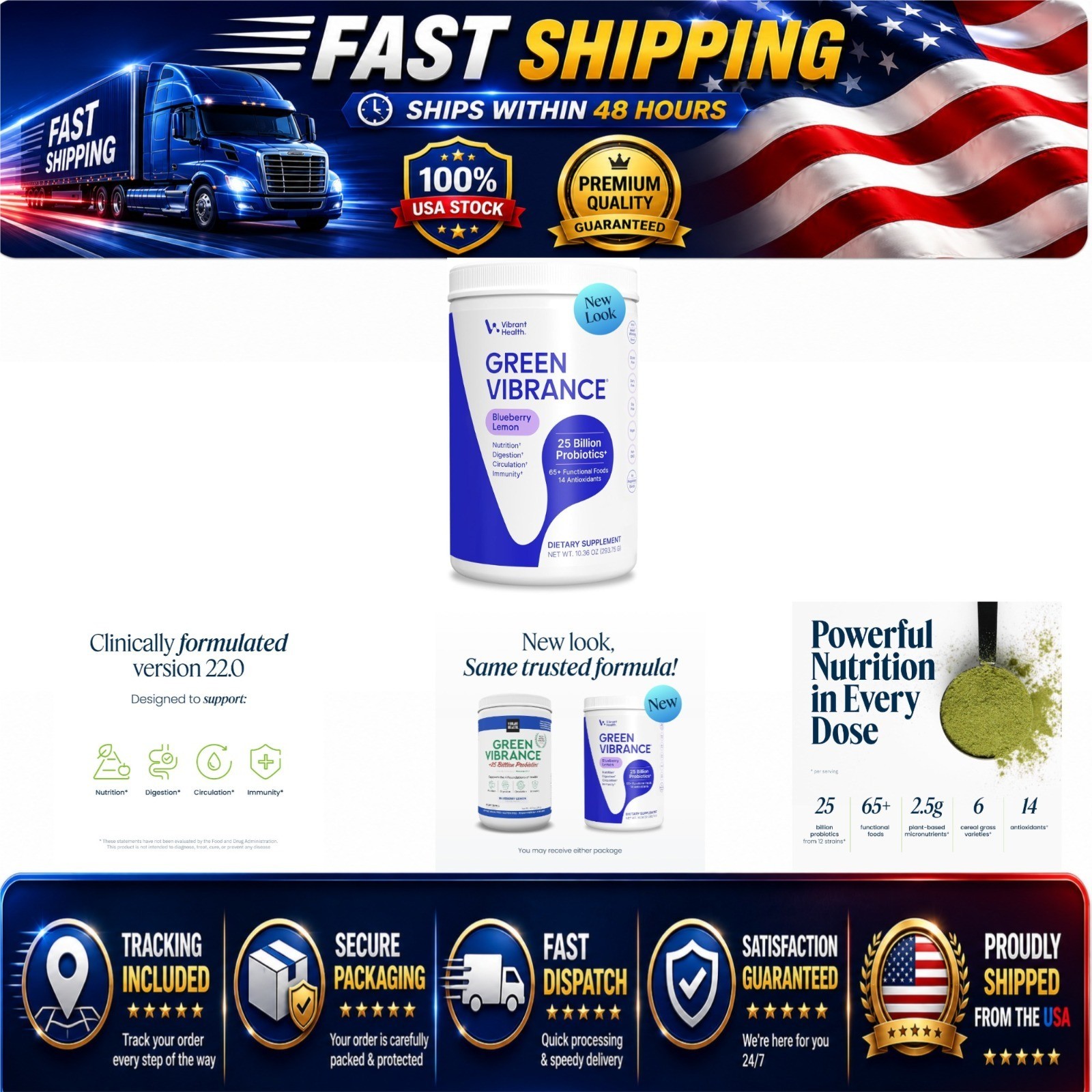 Vibrant Health Green Vibrance Superfoods Powder 25 Servings Blueberry Lemon