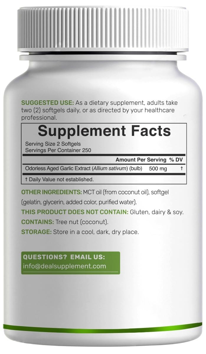 Odorless Aged Garlic Softgels 500ct with MCT Oil – Non-GMO, 2-Year Extract