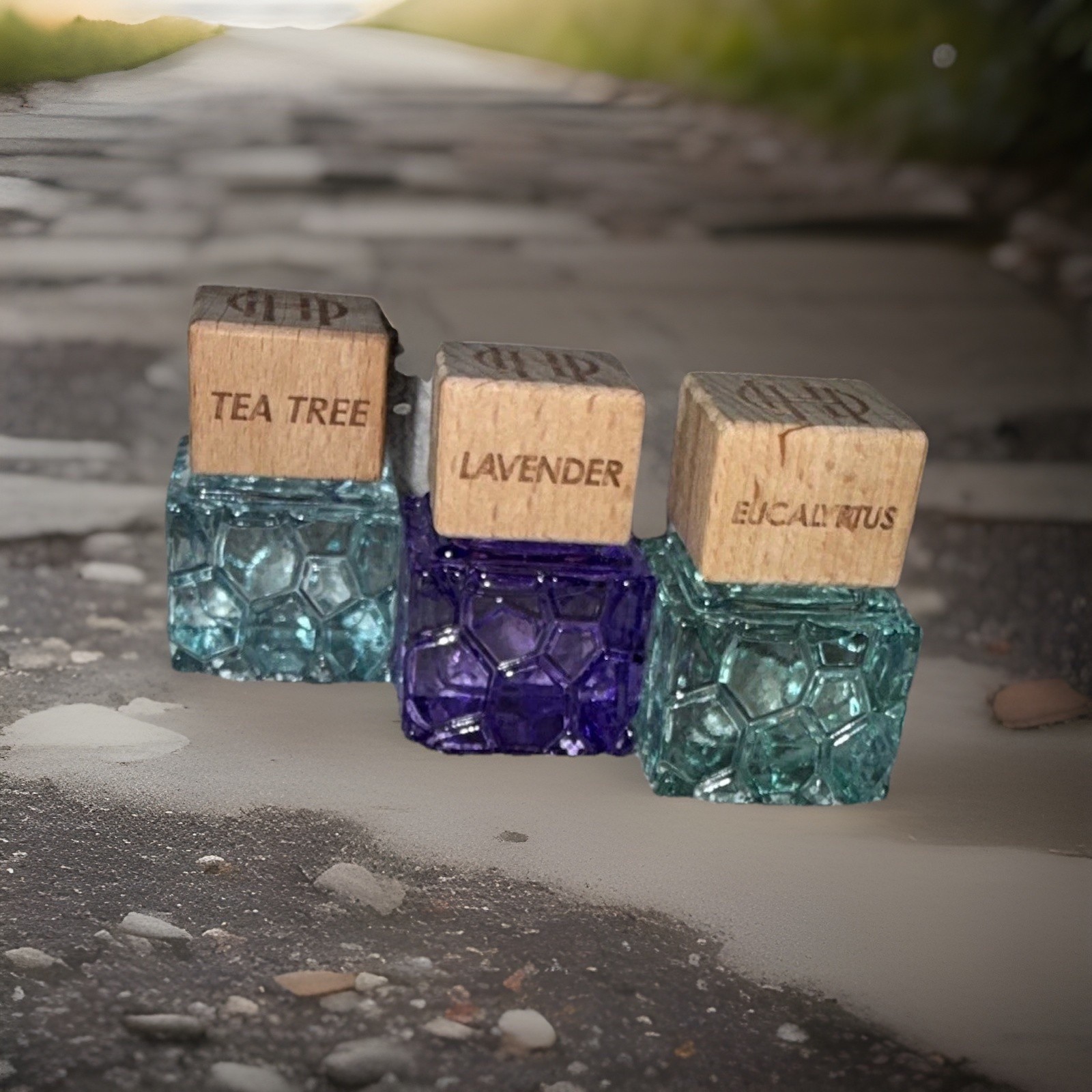 HP Essential Oil Set 3-Pack Tea Tree Lavender Eucalyptus Glass Bottles Wood Caps